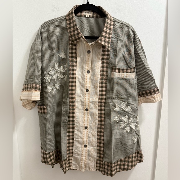 POL Tops - NWOT Pol Misses Sz L Women's Checkered Short Sleeve Top - Brown and Cream